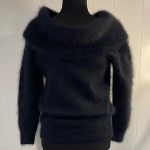 Angora Off Shoulder Sweater Vintage Luxe Romantic Black Fuzzy 90s Luxe Medium